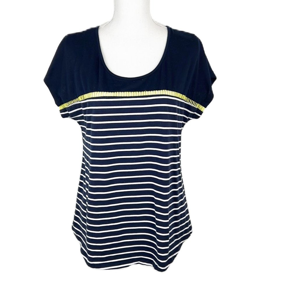 THML Shirt Women Medium Blue Yellow Striped Short Sleeve Tee Casual Adult